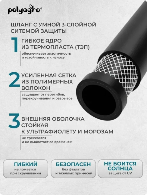 Шланг высокого давления POLYAGRO  50 м BLACK резиновый армир морозостойкий