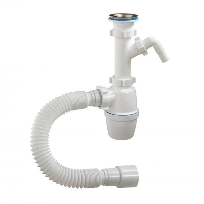 Сифон бутылочный  1½"х40 мм с отводом и гибкой трубой  Ø 40х40/50мм нержавеющей решётной Ø 70мм А-40059 ОРИО