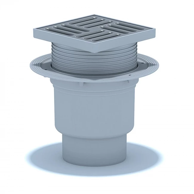 Трап пласт. регул. вертикальный Ø110мм 150х150мм с металлической решеткой до 300кг 2,1л/с гидрозатвор