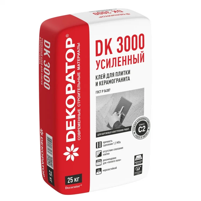 Плиточный клей Декоратор 3000 усиленный для плитки и керамогранита С2 (25кг)